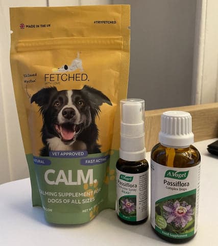 dog calming powder and passiflora drops and spray side by side