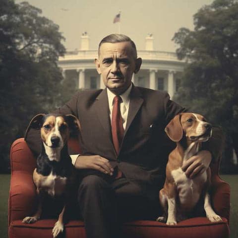 president johnson and his two beagles outside the white house