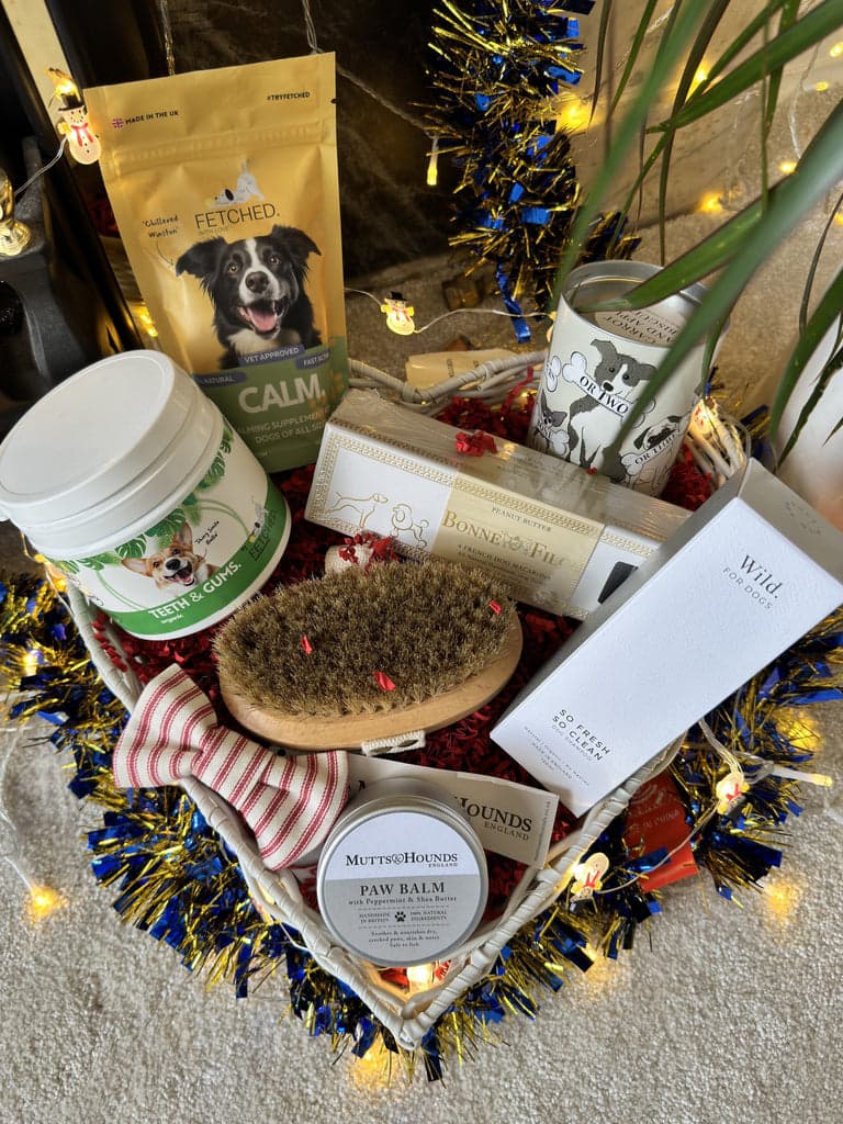 dog hamper basket with pampering goods