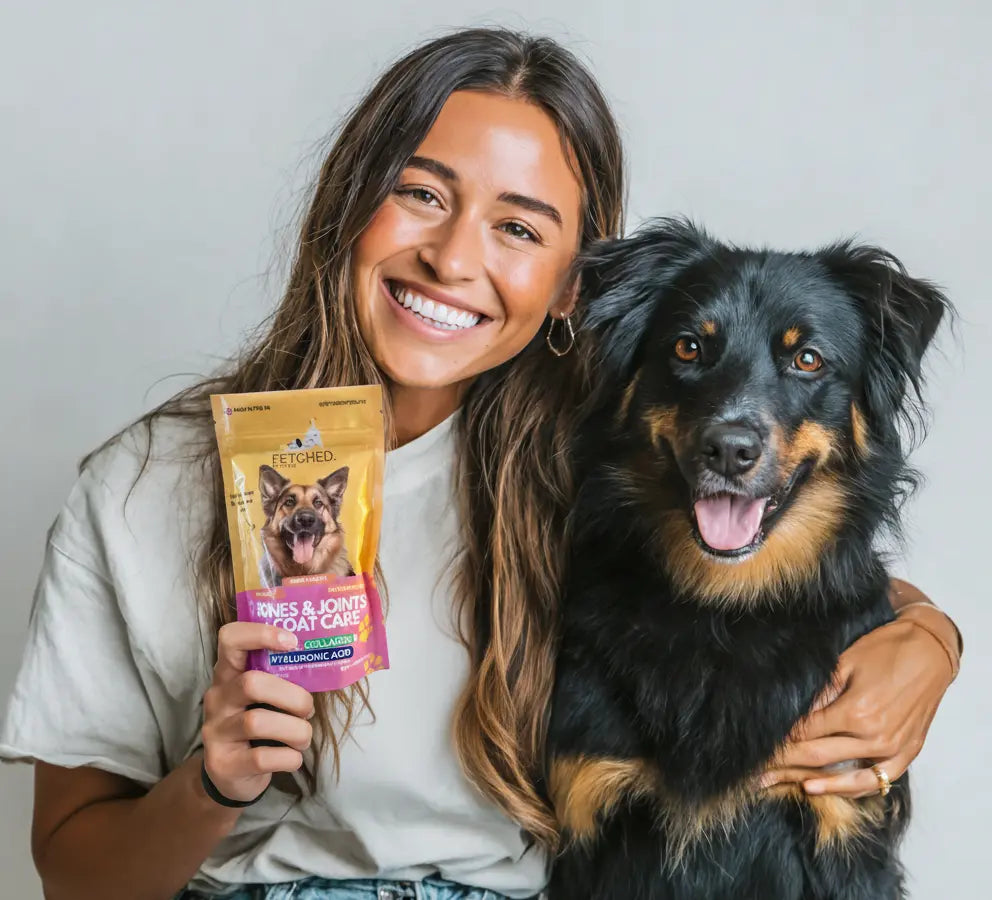 Woman holding a dog and a package of dog collagen supplement with a gray background