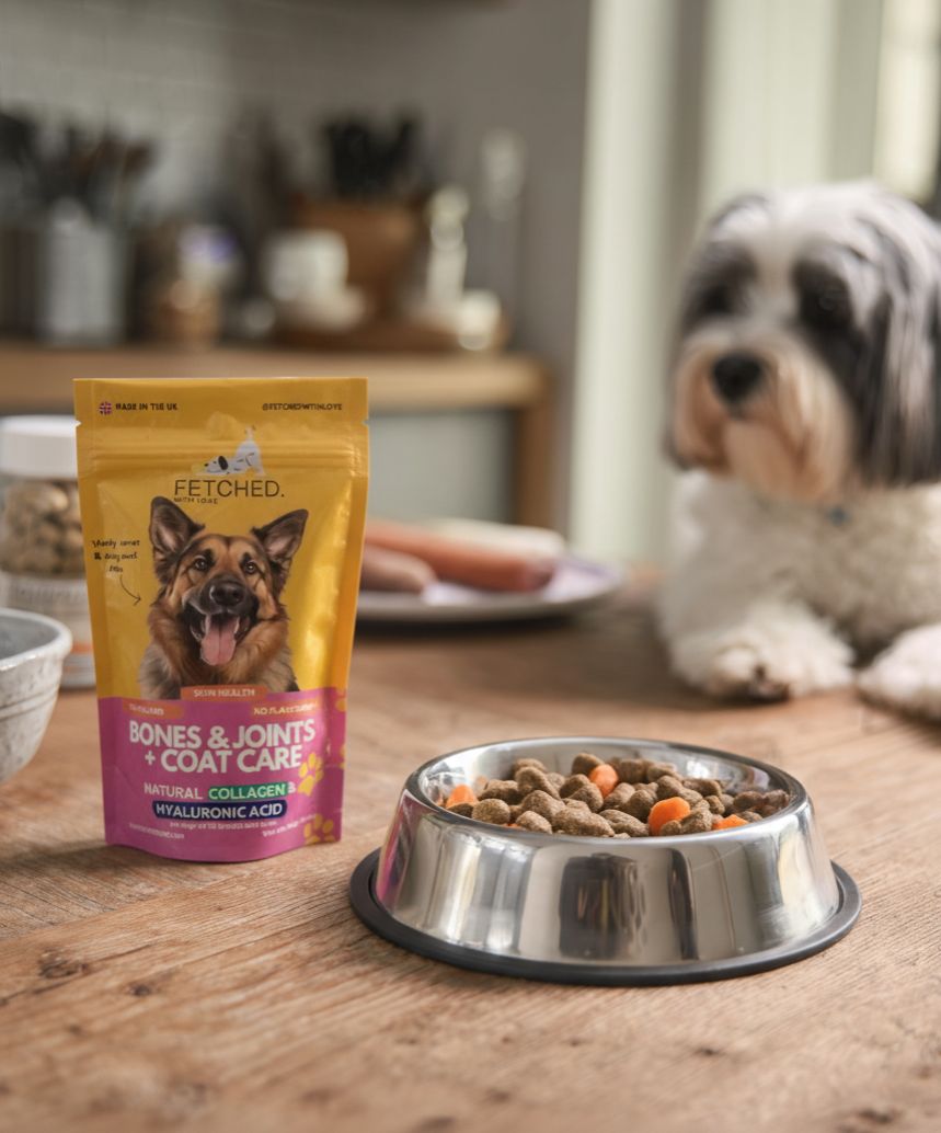 Dog food package labeled 'Bones & Joints' next to a bowl of dog food on a wooden table with a dog in the background.