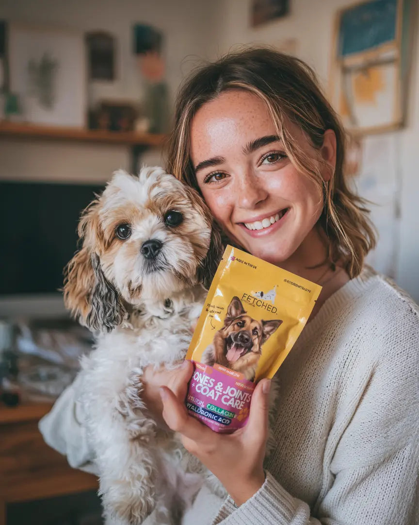 Woman holding a dog and a package of collagen for dogs in a home setting